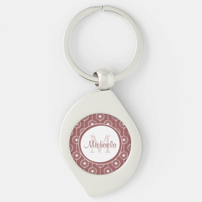 Stylish Reddish Brown Hearts Monogram With Name Key Ring (Front)