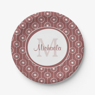 Stylish Reddish Brown Hearts Monogram With Name Paper Plate