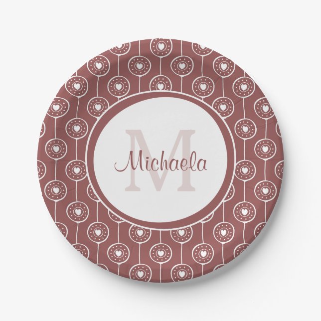Stylish Reddish Brown Hearts Monogram With Name Paper Plate (Front)