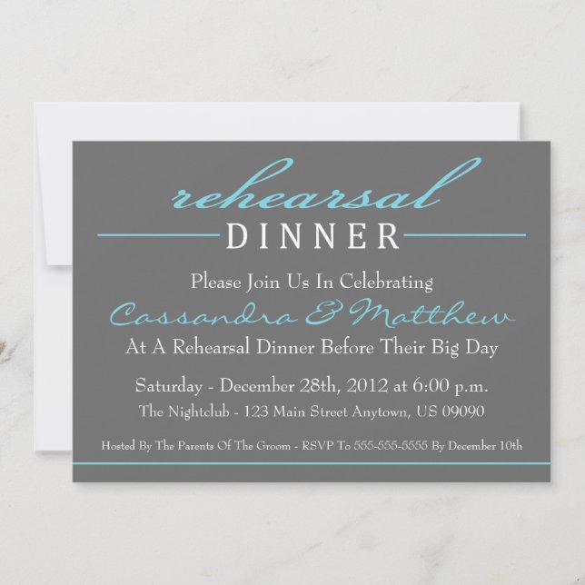 Stylish Rehearsal Dinner Party Invitations (Blue) (Front)