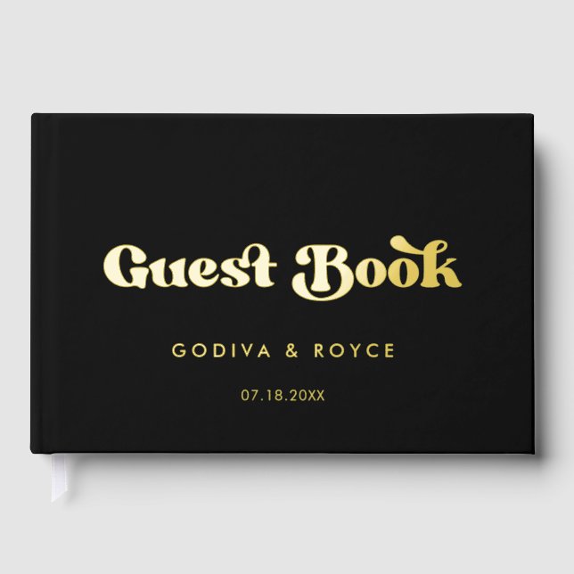 Stylish retro black & gold wedding guest book (Front)