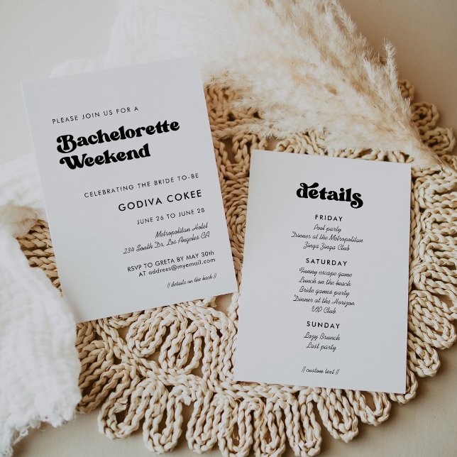Stylish retro black & white Bachelorette Weekend Invitation (Creator Uploaded)