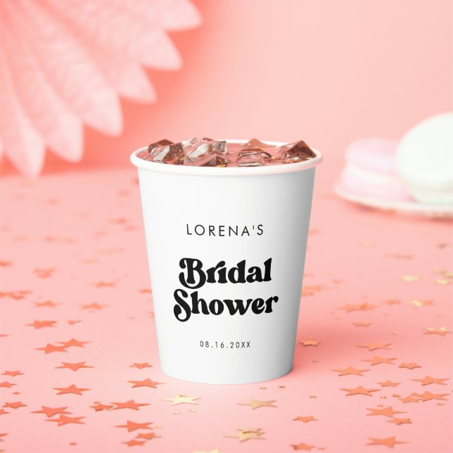 Stylish retro black & white Bridal Shower Paper Cups (Insitu)