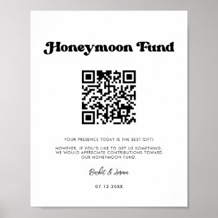 Stylish retro black & white Honeymoon fund QR code Poster