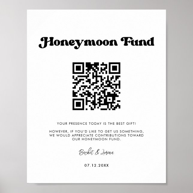 Stylish retro black & white Honeymoon fund QR code Poster (Front)