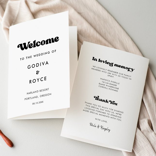 Stylish retro black & white wedding folded program (Creator Uploaded)