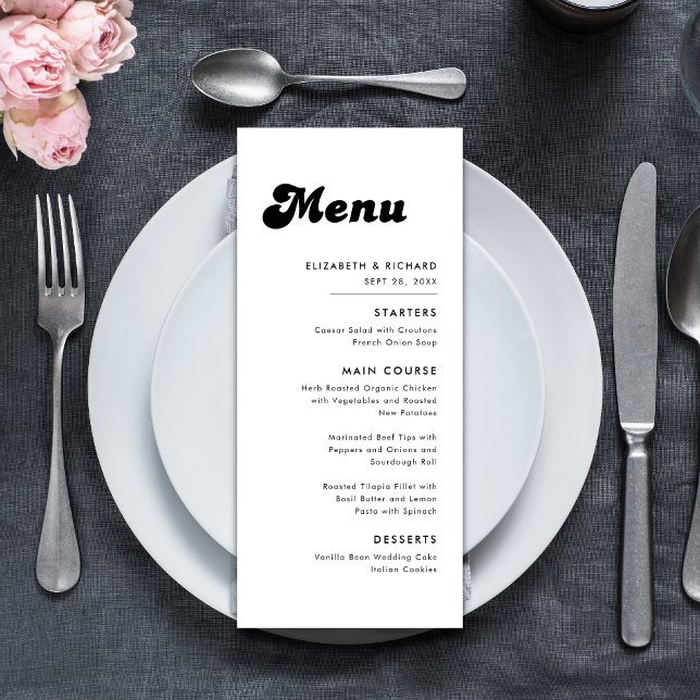 Stylish Retro Black & White Wedding Menu (Retro black and white wedding menu presents your dishes with a stylish, timeless touch.)