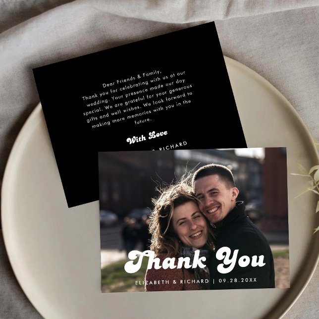 Stylish Retro Black & White Wedding Photo Thank You Card (Creator Uploaded)