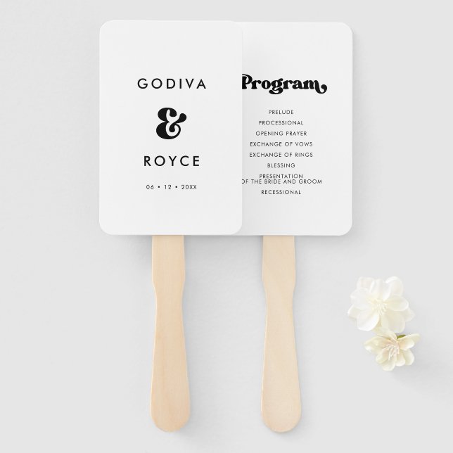 Stylish retro black & white wedding program hand fan (Front and Back)