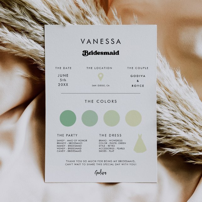 Stylish retro Bridesmaid info card (Creator Uploaded)