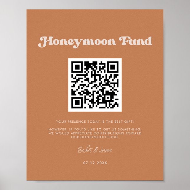 Stylish retro Brown sugar Honeymoon fund QR code Poster (Front)