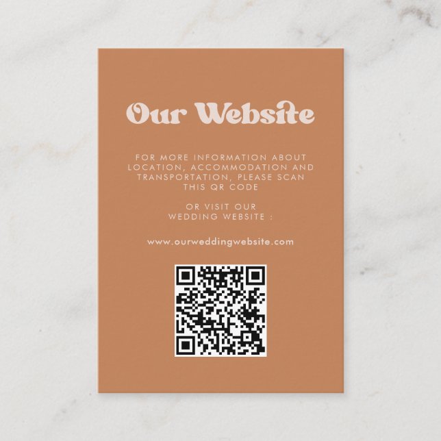 Stylish retro Brown sugar QR code wedding website Enclosure Card (Front)