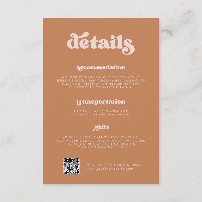 Stylish retro Brown sugar Wedding Details QR code Enclosure Card (Front)