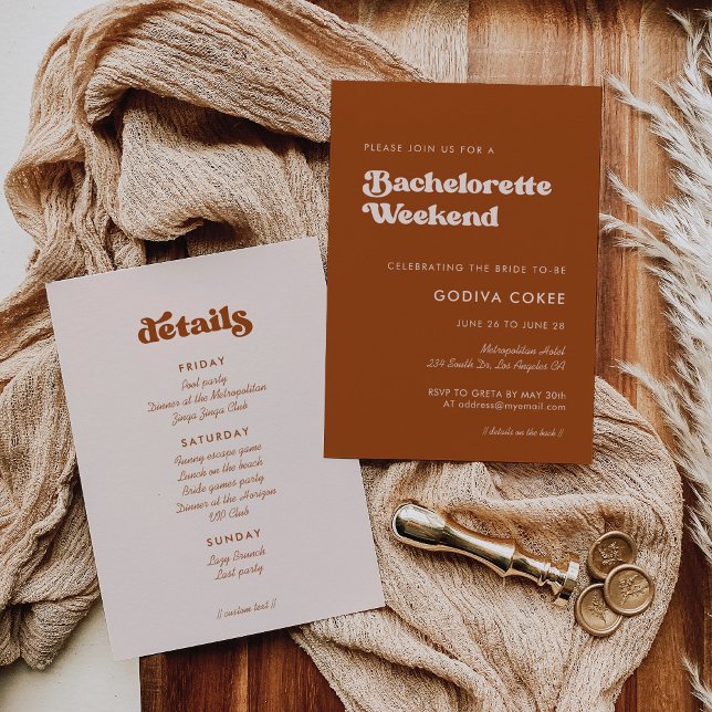 Stylish retro burnt orange Bachelorette Weekend Invitation (Creator Uploaded)