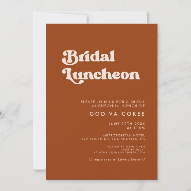 Stylish retro burnt orange Bridal luncheon Invitation (Front)