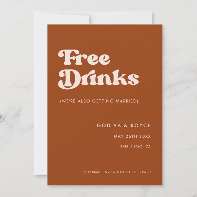Stylish retro Burnt Orange Free drinks Save The Date (Front)