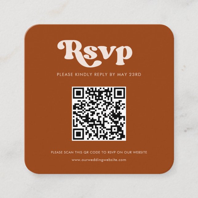 Stylish retro burnt orange QR code RSVP response Enclosure Card (Front)