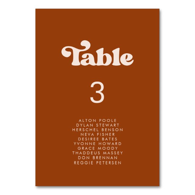 Stylish retro burnt orange seating chart cards (Front)