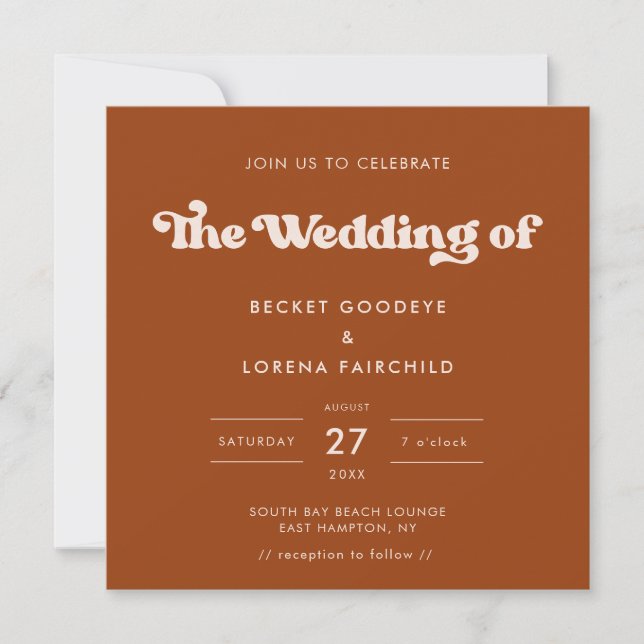 Stylish retro Burnt Orange Square wedding Invitation (Front)