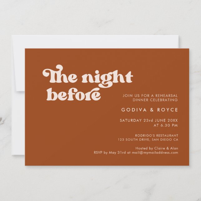 Stylish retro burnt orange The night before Invitation (Front)