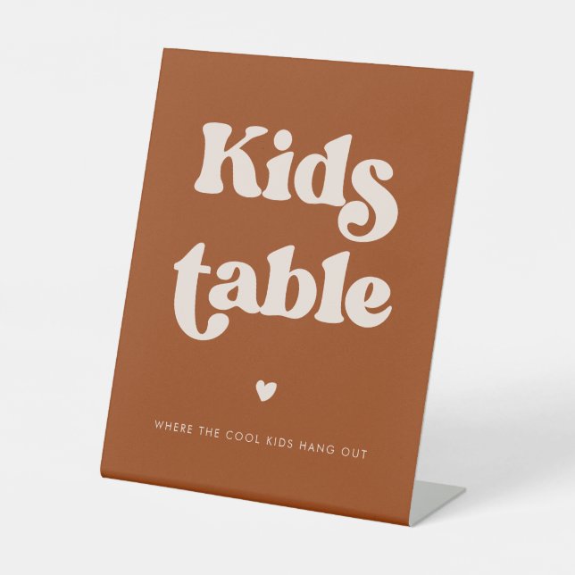 Stylish retro Burnt Orange Wedding Kids table Pedestal Sign (Front)