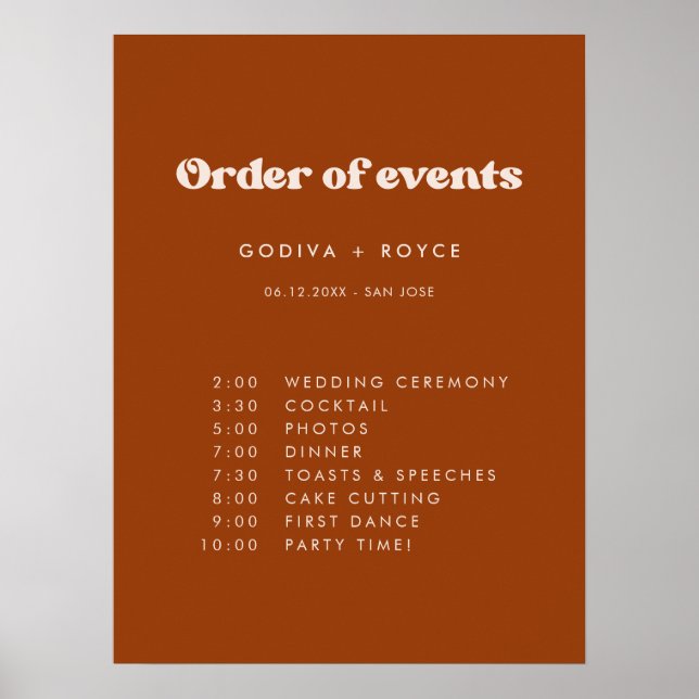 Stylish retro Burnt Orange Wedding Order of events Poster (Front)