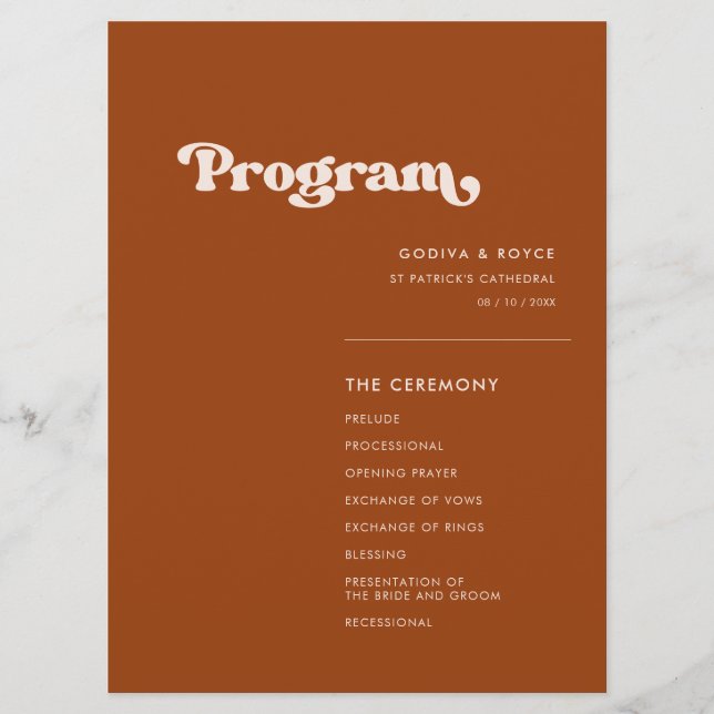 Stylish retro burnt orange wedding program (Front)