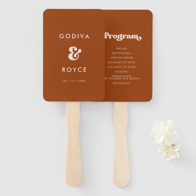 Stylish retro burnt orange wedding program hand fan (Front and Back)