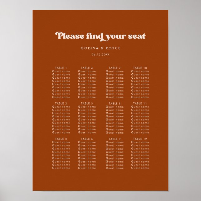Stylish retro burnt orange wedding seating chart (Front)