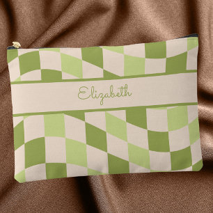 Stylish Retro Green & Ivory Chequered Pattern Cute Accessory Pouch