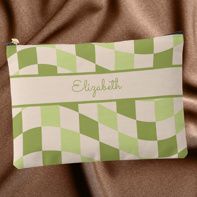 Stylish Retro Green & Ivory Chequered Pattern Cute Accessory Pouch (Creator Uploaded)