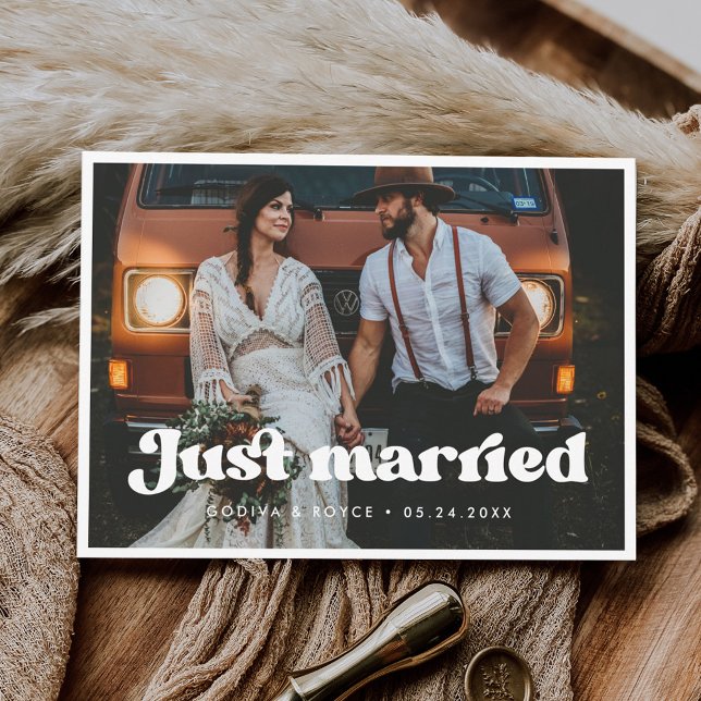 Stylish retro Just married photo card (Creator Uploaded)