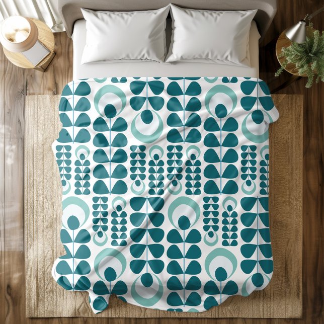 Stylish Retro Mid Century Teal Flowers Pattern Fleece Blanket (Creator Uploaded)