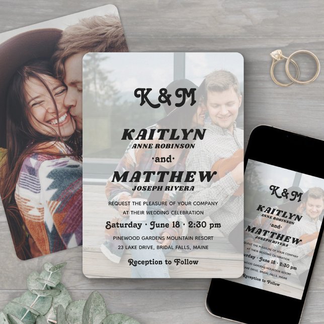 Stylish Retro Monogram Overlay 2 Photo Wedding Invitation (Creator Uploaded)
