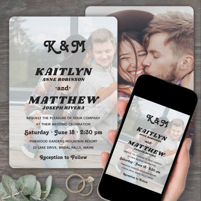 Stylish Retro Monogram Overlay 2 Photo Wedding Invitation (Creator Uploaded)