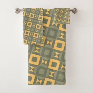 Stylish Retro Olive Green Gold Geometric Pattern Bath Towel Set