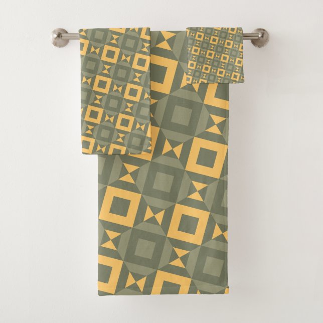 Stylish Retro Olive Green Gold Geometric Pattern Bath Towel Set (Insitu)