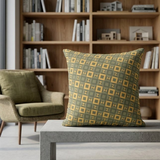 Stylish Retro Olive Green Gold Geometric Pattern Cushion (Creator Uploaded)