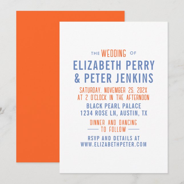 Stylish Retro Orange Blue Wedding Invitation (Front/Back)
