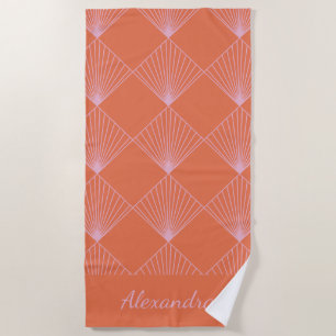Stylish Retro Orange Pink Art Deco Personalised Beach Towel