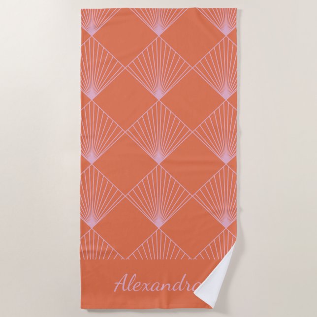 Stylish Retro Orange Pink Art Deco Personalised Beach Towel (Front)