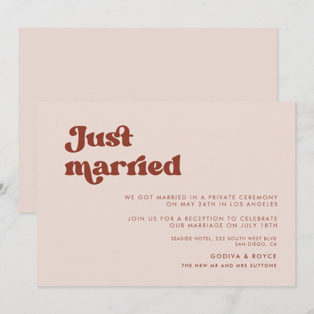 Stylish retro peach pink Just married Invitation (Front/Back)