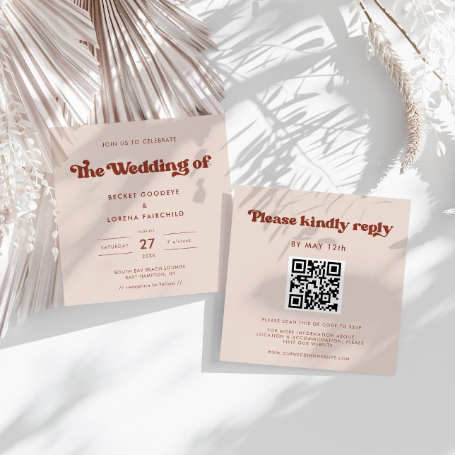 Stylish retro Peach Pink Square wedding Invitation (Creator Uploaded)