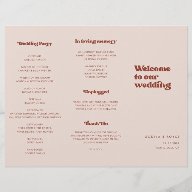 Stylish retro Peach Pink Trifold Wedding Program Flyer (Back)