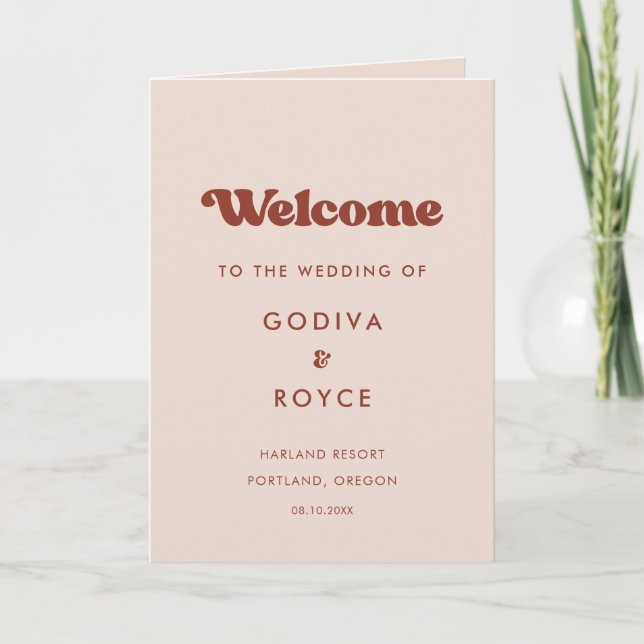Stylish retro peach pink wedding folded program (Front)