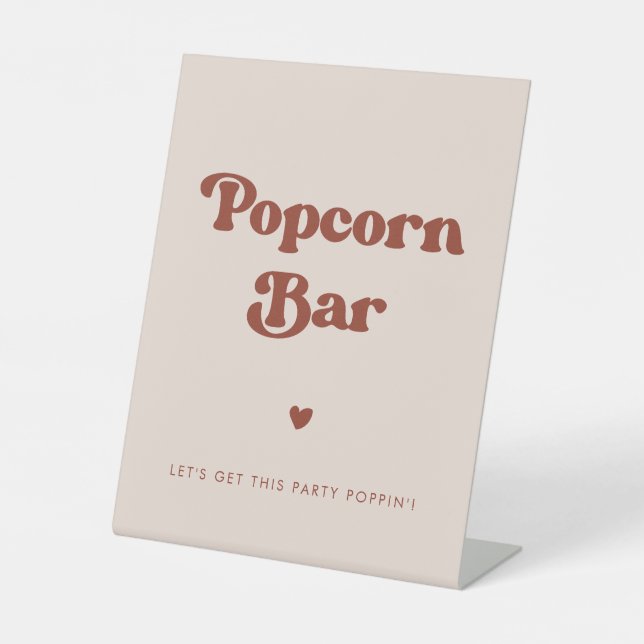 Stylish retro Peach Pink Wedding Popcorn bar Pedestal Sign (Front)