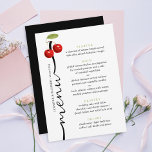 Stylish Retro Red Green Cherries Wedding Flat Menu<br><div class="desc">This stylish,  pretty wedding menu has a simple joyful design with two cute vintage red cherries on a white background.
It has a fresh youthful vibe!
The texts are customisable and the back of the menu is cherry red.</div>