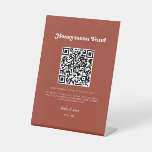 Stylish retro Terracotta Honeymoon fund QR code Pedestal Sign