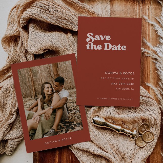 Stylish retro Terracotta Photo Save The Date (Creator Uploaded)