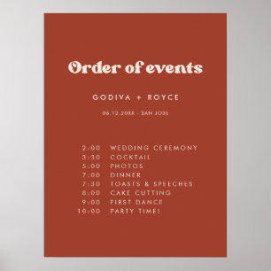 Stylish retro Terracotta Wedding Order of events Poster